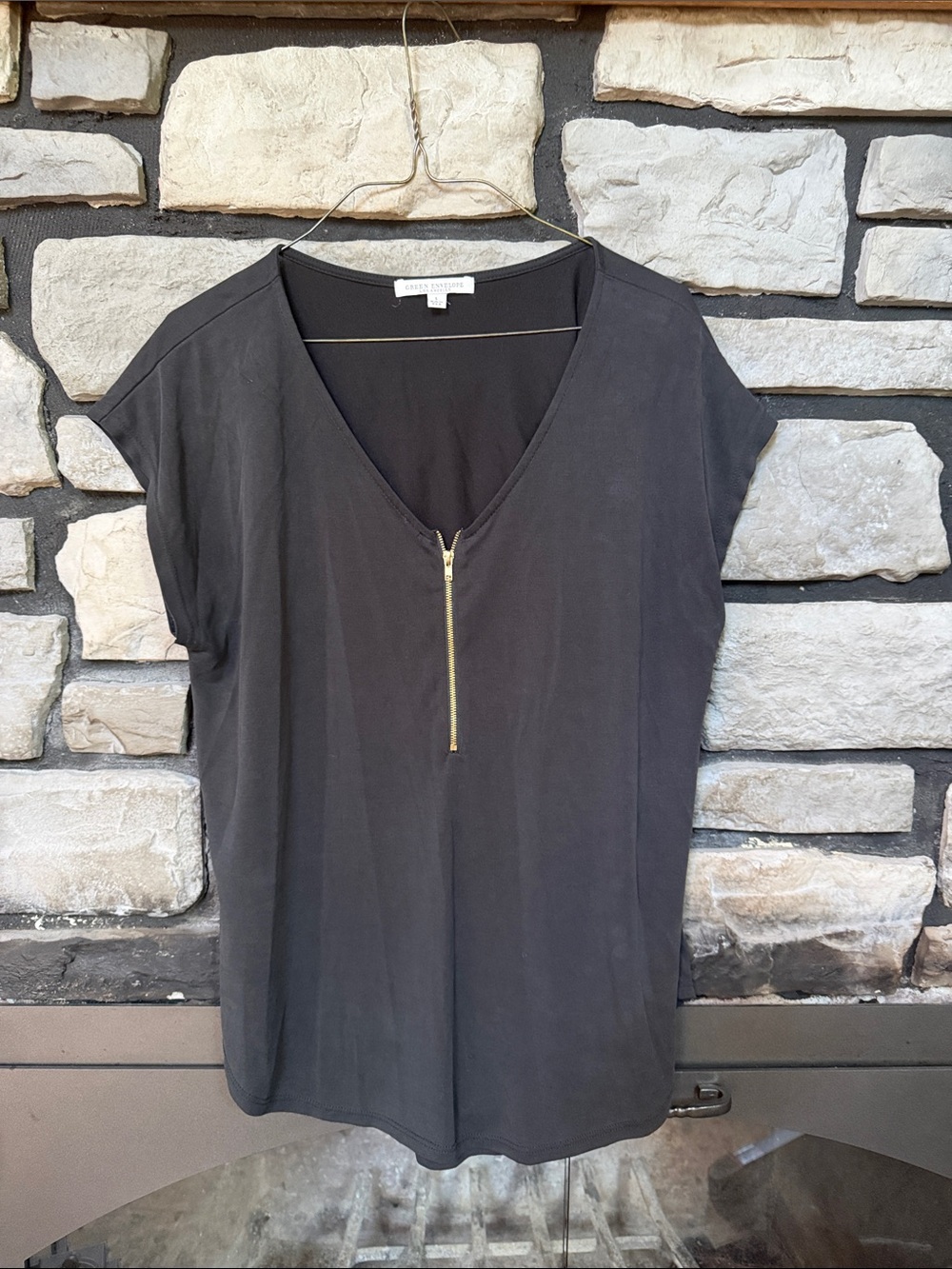 Green Envelope Black Short Sleeve Tee with Gold Zip